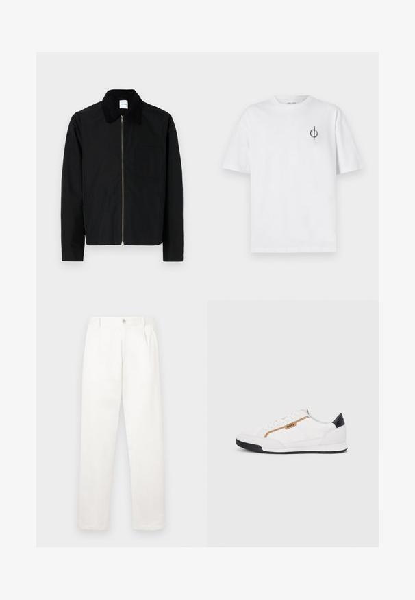 Musta takki, joka on valmistettu sileästä kankaasta ja jossa on vetoketjukiinnitys, kontrastivärinen kaulus ja rintatasku käytännöllisyyttä varten.; Valkoinen puuvillapaita rentoa istuvuutta, jossa on pieni musta graafinen logo vasemmassa rintataskussa. Lyhyet hihat, pyöreä kaula-aukko.; Valkeat housut, jotka on valmistettu sileästä kankaasta, suoran lahkeiden muotoilun, etupleettien ja vyötäröllä olevan yksittäisen nappikiinnityksen kanssa.; Valkoiset urheilukengät, joissa on verkkokudosta ja nahkaosia. Varustettu kultaisella "BOSS"-logolla, tekstuurillisilla sivupaneeleilla ja mustalla kantapäällä. Kumikanta.