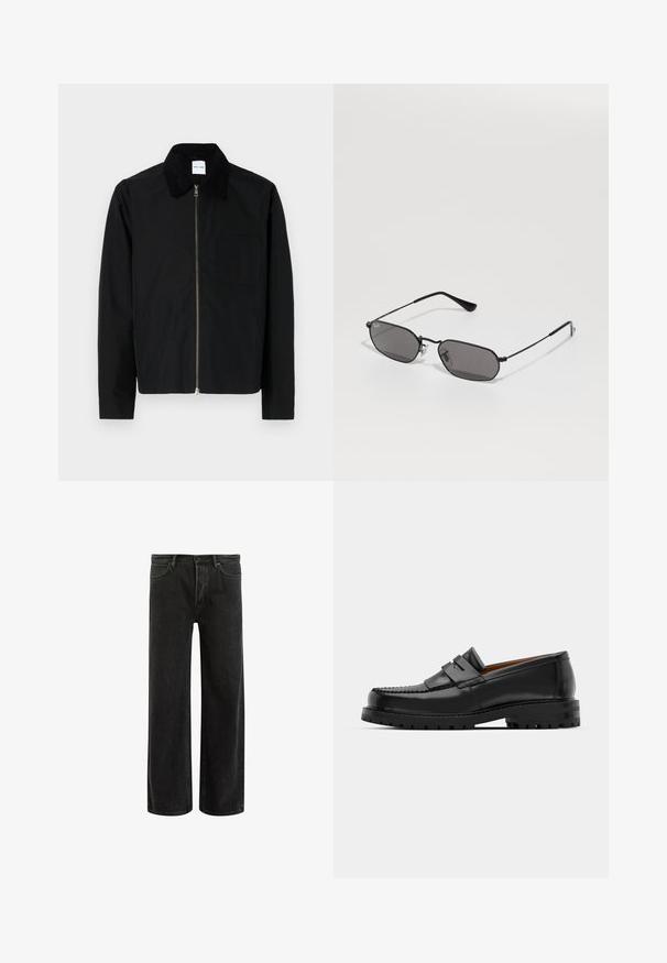 Sort jakke lavet af glat stof, med lynlås foran, en krave med kontrasterende tekstur og en brystlomme til funktionalitet.; Sort ribbet tanktop med rund halsudskæring og brede ærmegab, lavet af en blød, strækbar stof. Mærke: Pull&Bear.; Sorte denim bredde ben jeans med høj talje, med klassisk fem-lomme design og subtil falmning for et tekstureret udseende.; Sorte læder loafers har en forhøjet søm, to dekorative remme på overdelen og en tyk struktureret sål for bedre greb.; Sorte sekskantede solbriller med tynd metalramme og mørke linser ligger på en hvid overflade.