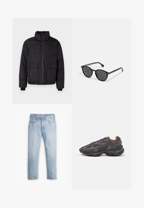 Čierna páperová bunda s vysokým golierom, predným zipsom a dvoma prednými vreckami s klopou. Má textúrovanú tkaninu a elastické manžety.; Čierny ľahký sveter s polozipovým golierom, rebrovanými manžetami a lemom, s malým zeleným logom na hrudi.; Svetlomodré džíny s rovnými nohavicami, štýl s piatimi vreckami a kontrastným šitím. Zapínanie na gombík a zips v páse.; Lacoste tenisky v tmavo sivej farbe z nylonu a syntetického materiálu, s textúrovanou podrážkou a hnedými akcentami na golieri a brandingu.; BOSS Slnečné okuliare - black