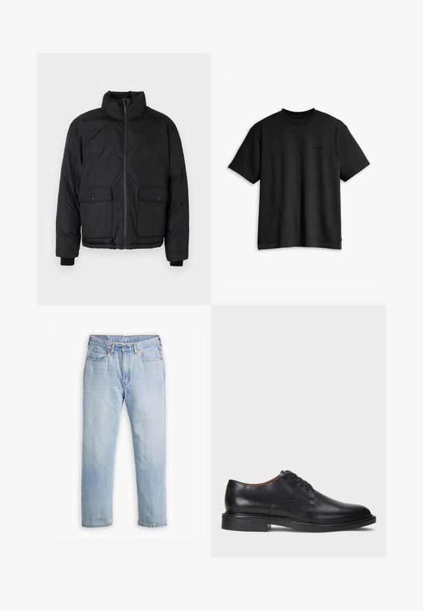 Must musta jakk, millel on seisva kaelusega, ees lukk ja kaks esimist taskut klappidega. Omab tekstuuri ja elastseid mansette.; Must must-hallide t-särk, millel on ümmargune kaelus ja lühikesed varrukad. Esiküljel on tagasihoidlik logo ja sirge alläär. Lihtne ja minimalistlik kujundus.; Heledad hall sinised teksad sirge sääre disainiga, viie taskuga stiil ja kontrastne õmblus. Kõhukohal nööp ja lukk.; Must musta kleitjalats ümarate varvastega, paeltega disain ja madal virnastatud konts. Sile tekstuur minimaalsete õmblustega.