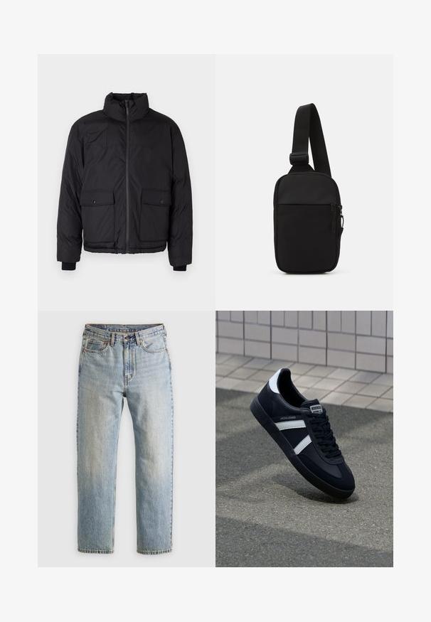 Zwarte pufferjas met een staande kraag, ritssluiting aan de voorkant en twee voorklepzakken. Beschikt over structuurstof en elastische manchetten.; Bruin gebreid pullover met een polo kraag, drie knopen bij de hals en lange mouwen. Zachte textuur, geribde manchetten en zoom.; Lichtblauwe denim jeans met hoge taille, frontknop, rits en vijfzakkenontwerp, plat gelegd op een neutrale achtergrond.; Zwarte leren sneaker met witte strepen, een gestructureerde rubberen zool en vetersluiting aan de voorkant. Voorzien van een merklabel op de tong.; Zwarte schoudertas gemaakt van duurzaam stof, met een enkele verstelbare schouderband, een gepartitioneerd hoofdcompartiment met rits en een voorvak.