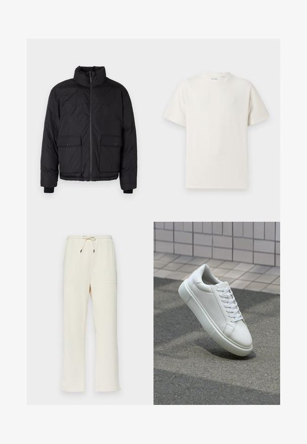 Svart puffjacka med ståkrage, dragkedja fram och två framfickor med lock. Har strukturerad textil och elastiska ärmslut.; Vit t-shirt med kort ärm i ribbad struktur. Rund halsringning, löst sittande passform, inga synliga mönster eller detaljer. Enkelt och mångsidigt design.; Krämfärgade ribbade sweatpants med dragsko i midjan, som har två sidofickor och en rak bendesign.; Vit lädersneaker med en slät yta, rund tå och platta vita snören. Har en texturerad gummisula och minimalistiska designelement.