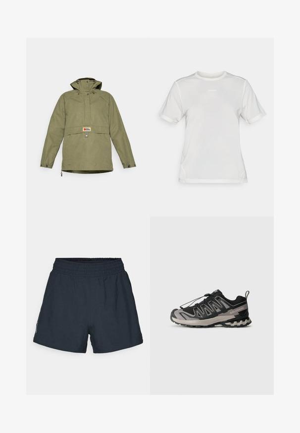 Anorak verde-azeitona com capuz, bolsos frontais com aba, fechos de botão e logótipo Fjällräven no peito.; Camisa atlética de malha branca de manga curta com gola redonda e pequeno logotipo "Salomon" centrado no peito.; Calções atléticos de um tom azul marinho escuro, feitos de um tecido leve. Cintura elástica, corte solto e sem bolsos ou padrões visíveis.; Sapatilha desportiva em preto e cinza com parte superior em malha, sola em borracha e sistema de atacadores elásticos. Apresenta uma biqueira reforçada e detalhes texturizados.