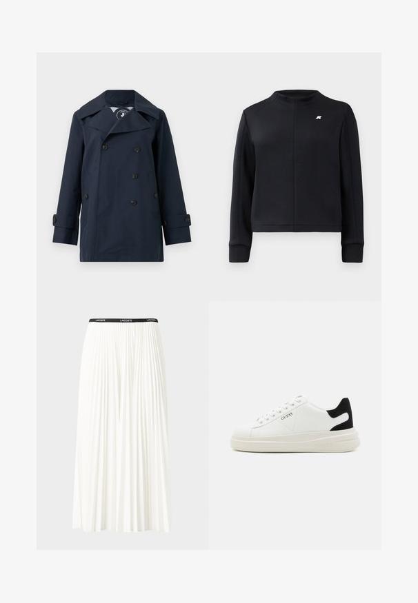 Námornickou modrou dvouřadou bundu vyrobenou z voděodpudivého materiálu, s velkými klopami, dvěma bočními kapsami a knoflíkovými manžetami.; Černá mikina s vysokým límcem, dlouhými rukávy a přiléhavým střihem. Obsahuje malé logo na hrudi a texturovanou látku.; Záhybová bílá sukně s černým elastickým pasem s logem "LACOSTE". Suška je střední délky a má jemnou texturu.; Bílé kožené tenisky s tlustou bílou podrážkou, černým semišovým akcentem na patě a vyraženým logem na boku. Šněrovací design se šesti očka.