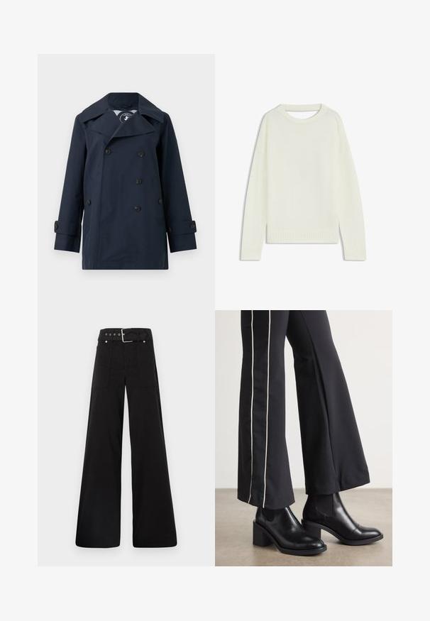Marineblauer zweireihiger Mantel aus wasserabweisendem Stoff, mit großen Revers, zwei Seitentaschen und geknöpften Manschetten.; Hellbeige Pullover mit Rundhalsausschnitt, langen Ärmeln, geripptem Saum und weicher Textur. Keine Muster oder sichtbaren Hardware-Details.; Schwarze weitgeschnittene Hose aus Baumwolle, mit hoher Taille, großen Seitentaschen und einem taillierten Bund mit silbernen Hardware-Akzenten.; Schwarze Lederstiefeletten mit einem Blockabsatz, ausgestattet mit elastischen seitlichen Einsätzen. Kombiniert mit schwarzen Hosen, die einen weißen Seitenstreifen haben.