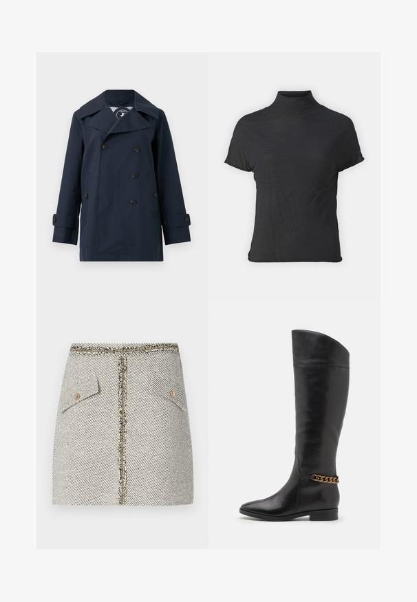 Navy blue double-breasted coat made of water-resistant fabric, featuring large lapels, two side pockets, and buttoned cuffs.; Black short-sleeve turtleneck top made of lightweight fabric with a smooth texture and a fitted shape, featuring a high neckline.; Woven tweed skirt in white and black herringbone pattern, features two front pockets and a gold-tone zipper at the back with frayed edges.; Tall black leather boots with a sleek design, pointed toe, and a gold chain accent at the ankle. Low block heel. Smooth texture.