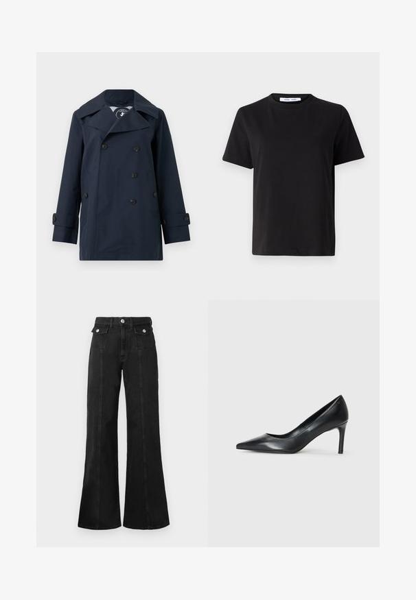 Tengerészkék, vízálló anyagból készült, dupla mellényes kabát, széles hajtókákkal, két oldalsó zsebbel és gombos mandzsettával.; Fekete, rövid ujjú póló, puha pamutból készült, kerek nyakkivágással, laza szabással és sima textúrával. Nincs látható minta vagy grafikák.; Fekete farmer bőszárú farmernadrág, magas derekú, két elülső zsebbel, ezüst színű fémrészekkel és látható varrásokkal az elején.; Fekete bőr, hegyes orrú tűsarkú cipő, vékony sarokkal, sima textúrával és látható díszítések nélkül. Tiszta formatervezés, minimalista esztétikával.