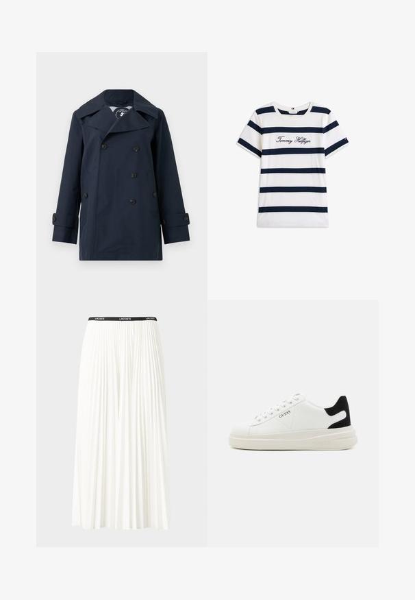 Tumedast sinine kahepoolne mantel, mis on valmistatud veekindlast kangast, suurete kraede, kahe külje tasku ja nööpidega mansettidega.; Puuvillane T-särk horisontaalsete tumesiniste triipudega valgel taustal. Rinnal on kiri "Tommy Hilfiger" kantud kursiivis. Ümmargune kaelus.; Kurtitudega valge seelik musta elastse vööga, millel on "LACOSTE" logo. Keskmise pikkusega disain pehme tekstuuriga.; Valged nahast tennisetossud paksu valge tallaga, musta sametist kontsakeeuga ja külje peal riigilogo reljeefne kujundus. Lukkeskeem kuue silmaauguga.