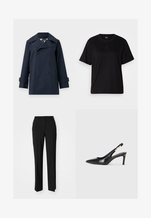 Navy blue double-breasted coat made of water-resistant fabric, featuring large lapels, two side pockets, and buttoned cuffs.; Black cotton t-shirt with a crew neckline, short sleeves, and an embroidered logo on the chest. Simple, relaxed fit with no patterns.; Black tailored trousers with a straight-leg design, featuring a smooth texture and crisp creases along the front. No visible hardware.; Black leather slingback high-heeled shoe with a pointed toe, smooth texture, and a narrow ankle strap featuring gold hardware accents.