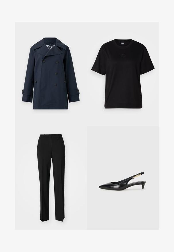 Casaco azul-marinho de dois botões feito de tecido resistente à água, apresentando grandes lapelas, dois bolsos laterais e punhos abotoados.; T-shirt de algodão preto com decote redondo, mangas curtas e um logótipo bordado no peito. Corte simples e descontraído, sem padrões.; Calças pretas de corte ajustado com um design de perna reta, apresentando uma textura lisa e pregas bem definidas na frente. Sem hardware visível.; Saltos slingback em couro preto com bico fino, apresentando um salto esguio e um detalhe em tom dourado na alça ajustável. Textura suave.