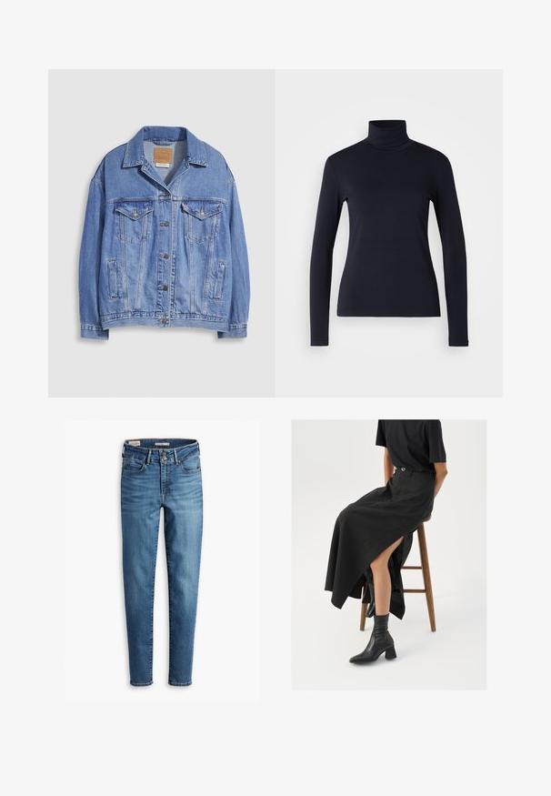 Svetlo modra jeans jakna z ovratnikom s srajco, zapenjanjem na gumbe, dvema prsnem žepoma ter stranskima žepoma. Vidna je obrabljena tekstura in blagovna znamka na etiketi.; Mornarska dolga majica s polo ovratnikom. Narejena iz mehkega blaga z gladko teksturo. Ima prilegajočo se zasnovo in visok ovratnik brez vidnih šivov.; Visoko pasovi, skinny kavbojke iz svetlo modrega denima. Imajo pet žepov, sprednje zapiranje na gumb in klasične šiveščine po celotni dolžini.; Črna lanena maxi krilo z visokim razporkom, oblečeno s črno majico in črnimi gležnjarji. Minimalističen dizajn z udobnim krojem.