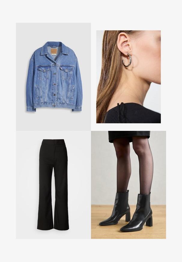 Šviesiai mėlynas džinsinis švarkelis su marškinių apykakle, užsegamas mygtukais, dvi krūtinės kišenės ir šoninės kišenės. Matomas suplėšytas audinys ir prekės ženklo etiketė.; Juodas tanktopas, pagamintas iš minkštos, elastingos medžiagos. Jame yra apykaklės forma ir plačios petnešos, su prigludusia siluetu ir lygiu paviršiumi.; Juodos plačios kelnės su lygiu paviršiumi, aukšta liemeni, ir švariu dizainu. Nėra matomų kišenių ar papuošimų.; Juodos odinės aulinės botai su smailiu priekiniu galiuku, masyviu kvadratiniu kulnu ir elegantišku dizainu. Yra elastingos šoninės detalės, kad būtų lengva užsidėti.; Sidabrinė lankinė auskarai su poliruotu paviršiumi, turintys mažus auksinius akcentus ir apvalią formą, dėvimi ant ausies kaušelio.