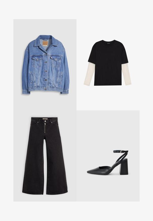 Svetlo modra jeans jakna z ovratnikom s srajco, zapenjanjem na gumbe, dvema prsnem žepoma ter stranskima žepoma. Vidna je obrabljena tekstura in blagovna znamka na etiketi.; Črna majica iz bombaža s kratkimi rokavi, ki pokriva belo dolgi rokav z subtilnim teksturiranim vzorcem. Oblika izrezanega vratu.; Široke traperice iz črnega denima z zadrgo spredaj, petimi žepi in diskretnimi šivi. Gladka tekstura in ležeren slog.; Črne usnjene klasične čevlje z ostrim nosom, z zaponko za gleženj in debelim peto. Ravna tekstura, eleganten dizajn in minimalistična estetika.