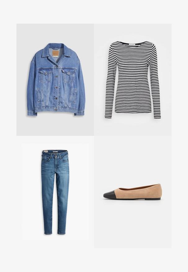 Casaco de ganga azul claro com gola de camisa, fecho de botões, dois bolsos no peito e bolsos laterais. Textura desgastada e etiqueta de marca visível.; Camisa de manga longa com decote redondo, apresentando um padrão de riscas em preto e branco. Feita de um tecido suave com um corte regular. Design limpo e minimalista.; Jeans skinny de cintura alta em denim azul claro. Possui cinco bolsos, fecho frontal com botão e detalhe de costura clássica por todo o lado.; Bailarina em suede bege com biqueira arredondada em couro preto, salto baixo e textura suave, apresentando costura mínima e um design clean.