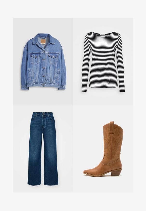 Hele sinine teksariidest jakk särgikaelusega, nööpidega, kahepoolsed rinnataskud ja küljetaskud. Kulunud tekstuur ja nähtav brändimärgistus.; Pikad varrukad, ümar kaelus, mustvalgete triipudega särk. Valmistatud pehmest kangast, regulaarses lõikes. Puhtne, minimaalne disain.; Kõrge vöökohaga laiad teksad tummises sinises denimis, millel on sile tekstuur, kontrastne õmblus ja viie-tasku disain. Esimene nupulukk.; Kohvitooni nahast cowboy-kork, millel on terav varvas, tikitud keerised varrel ja virnastatud ploki konts. Omab tõmbeava, et seda oleks lihtne jalga panna.