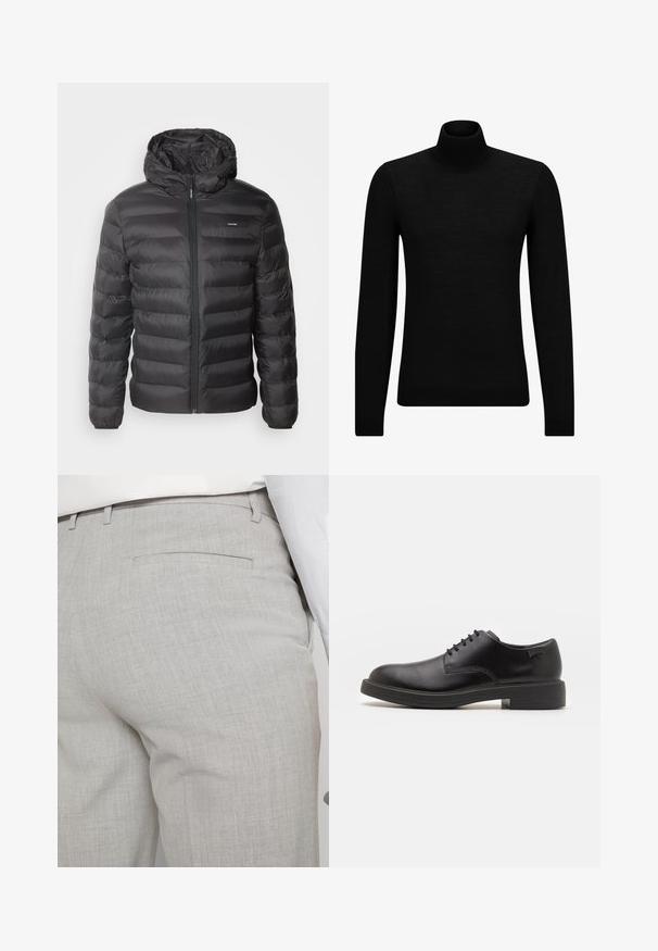 Giacca a vento nera con cappuccio, design trapuntato, chiusura frontale con zip e un piccolo logo sulla parte sinistra del petto. Texture liscia e lucida.; Maglione a collo alto nero realizzato in materiale morbido, con maniche lunghe e vestibilità aderente. Bordo a coste all'orlo e ai polsini. Design semplice.; Pantaloni sartoriali grigio chiaro realizzati in tessuto strutturato, con una tasca posteriore singola e cuciture pulite.; Scarpa nera in pelle con lacci, punta tonda, texture liscia, cuciture minime e tacco in gomma basso. Logo sul tacco.