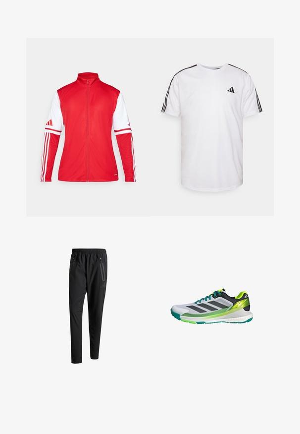 Red athletic jacket with a high collar, full zip, and white sleeves. Features three vertical stripes on each sleeve and a textured finish.; White t-shirt made of cotton with crew neckline, short sleeves, and black three-stripe accents on shoulders; features a small black logo.; Black athletic pants with an elastic waistband, two zippered side pockets, tapered legs, and a subtle logo detail on the hip.; Gray and black athletic shoe with green accents and mesh upper. Features three black stripes and a textured sole for traction.