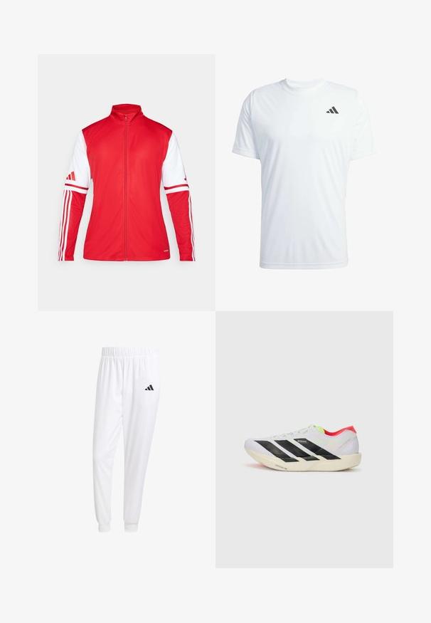 Piros sportos dzseki magas gallérral, teljes cipzárral és fehér ujjakhoz. Mindkét ujján három függőleges csík található, és texturált felülettel rendelkezik.; Fehér, rövid ujjú sportpóló, könnyű anyagból, a bal felső mellrészen fekete Adidas logóval.; Fehér sportnadrág sima anyagból, rugalmas derékpánttal és szűkített bokákkal, a hátsó zsebében fekete logóval.; Fehér futócipő fekete csíkokkal, neon zöld részletekkel és piros sarokkal. Könnyű dizájnnal és texturált talppal rendelkezik a tapadás érdekében.
