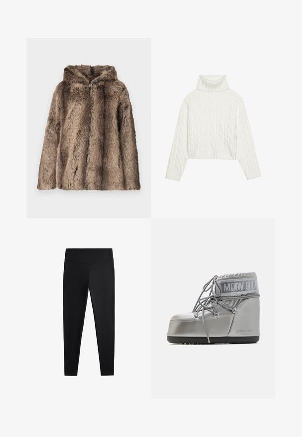 Kaput od umjetnog krzna u smeđim tonovima, s kapuljačom, mekom teksturom i opuštenim krojem. Tkanina ima dlake različitih duljina za detalje.; Bijela pamučna turtleneck vesta s rebrastim dizajnom i skraćenim krojem, koja ima rebraste manžete i rub. Mekana tekstura s udobnim, debelim dizajnom.; Crne tajice izrađene od glatkog, rastezljivog materijala. Imaju široki pojas i suženi kroj nogavica, pogodne za aktivno ili ležerno nošenje.; Srebrna vodootporna čizma s zaobljenim oblikom, teksturiranom površinom i sivim vezicama. Ima istaknuti logotip "MOON BOOT" na gornjem dijelu.