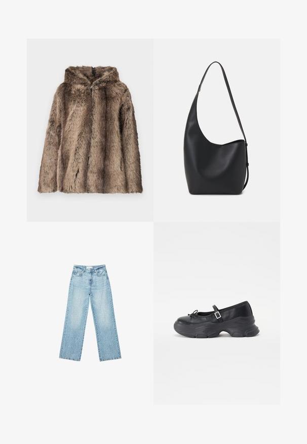 Płaszcz z futra ekologicznego w odcieniach brązu, z kapturem, miękką teksturą i luźnym krojem. Tkanina ma różną długość włosia, co dodaje szczegółowości.; Czarno-białe koszulki z długim rękawem, z okrągłymi dekoltami, z miękkiego materiału, o dopasowanym kroju i prostych zakończeniach.; Jasnoniebieskie jeansy z szerokimi nogawkami i wysokim stanem, z lekko wybledzonym wykończeniem i drobnymi, rozproszonymi przetarciami.; Czarny skórzany but Mary Jane z zaokrąglonym czubkiem, detalem w postaci kokardy i regulowanym paskiem na kostce. Posiada masywną gumową podeszwę z zakrzywionymi akcentami.; Czarna skórzana torba hobo o gładkiej fakturze, zaokrąglonym kształcie i pojedynczym, regulowanym pasku; posiada szerokie otwarcie na górze.