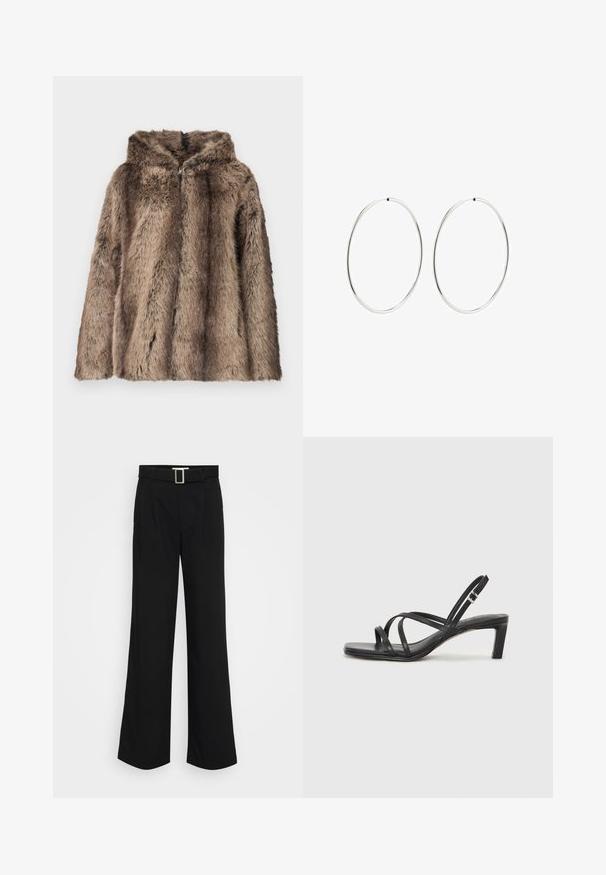 Abrigo de piel sintética en tonos marrones, con capucha, textura suave y ajuste relajado. La tela presenta diferentes longitudes de pelo para mayor detalle.; Camiseta blanca de manga corta hecha de algodón. Presenta un escote redondo y un corte relajado, con un diseño sencillo y sin patrones ni acentos visibles.; Pantalones anchos negros de tela ligera, con una textura suave, pliegues frontales y un cinturón con una hebilla metálica cuadrada.; Sandalia negra de tiras con punta cuadrada y tacón bajo de bloque. Presenta múltiples tiras delgadas y una correa ajustable en el tobillo. Fabricada en cuero suave.; Pendientes de aro plateados con un diseño redondo y liso, y un acabado pulido. Son delgados y ligeros, y cuentan con un sencillo cierre de gancho.