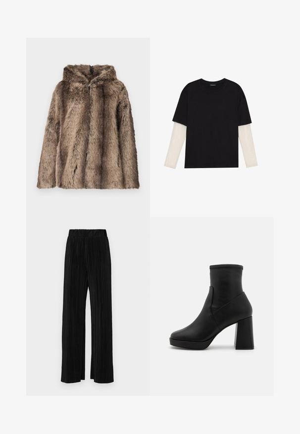 Fuskpälsjacka i bruna nyanser med huva, mjuk textur och avslappnad passform. Tyget har varierande hårstrålängder för detaljrikedom.; Svart t-shirt i bomull, med korta ärmar över ett vitt långärmat lager med en subtil texturdesign. Rundad halsringning.; Svarta plisserade byxor med resårmidja. Har vida ben och ett mjukt, texturerat material med vertikala ränder.; Svart läderankelboot med hög klack, mjuk textur och åtsittande ovandel. Har en sömlös design utan synliga fästen.