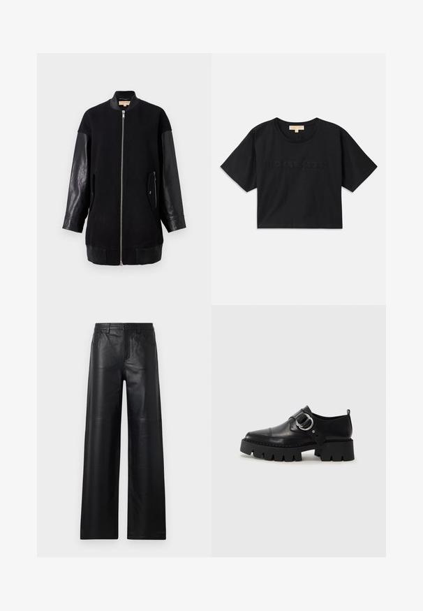 Black bomber jacket featuring a wool body and leather sleeves, with a front zipper, two side pockets, and ribbed hem and cuffs.; Black cropped t-shirt made of cotton. Features round neckline and short sleeves. "MICHAEL KORS" embroidered in matching color on the front.; Wide-leg black leather pants with a smooth texture, featuring front pockets, a button closure, and subtle stitching details.; Black leather shoes with a chunky, ribbed sole, featuring a circular silver hardware accent and minimal stitching detail.