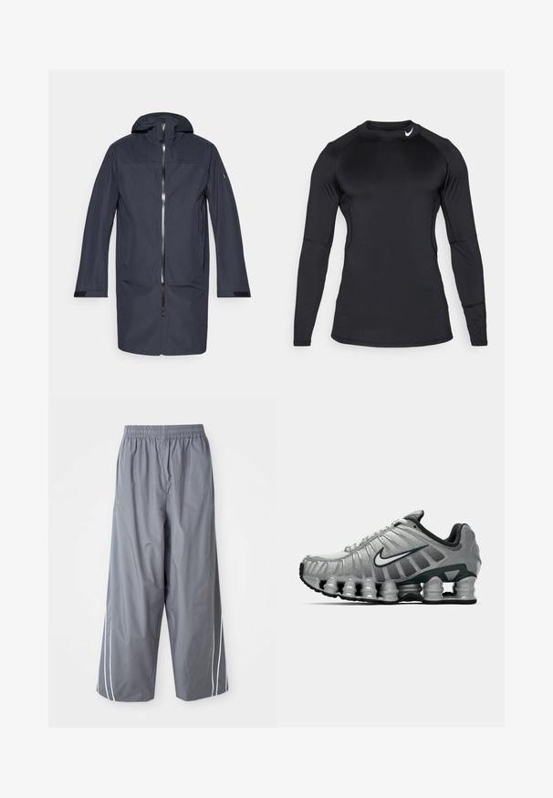 Tamsiai mėlynas ilgas vandeniui atsparus švarkas su kapišonu, priekiniais užtrauktukais, šoninėmis kišenėmis ir reguliuojamais riešo dirželiais.; Juodas ilgomis rankovėmis sportinis marškinėliai, pagaminti iš lygaus, elastingo audinio, su apykakle ir diskretišku logotipu viršutiniame kairiajame kampe.; Pilkos, lengvos sintetinio audinio kelnės su plačiomis kojomis, elastiniu juosmeniu ir baltais šonais. Sklandus audinys, atsitiktinis dizainas.; Pilkai juodas Nike bėgimo batas su matomu pavasario tipo amortizacija po padu ir baltu swoosh logotipu šone.
