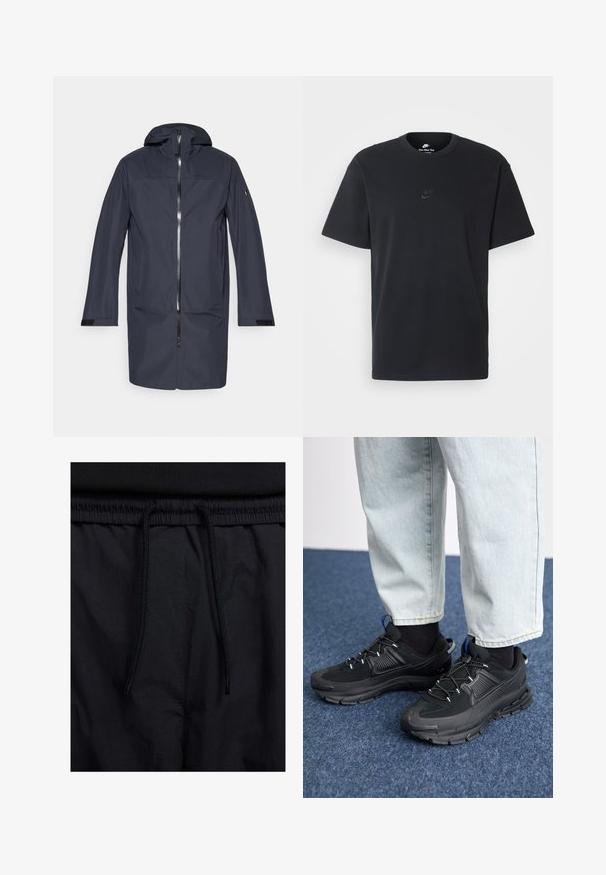 Navy blue long waterproof jacket with hood, front zipper, side pockets, and adjustable wrist straps.; Nike black cotton t-shirt with a classic crew neck, short sleeves, and a subtle, embossed logo on the chest. Smooth texture.; Black shorts featuring a drawstring waistband, lightweight fabric with a smooth texture, and a simple design without visible logos or patterns.; Black athletic shoes with textured fabric and rubber soles, featuring elastic laces and a blue accent on the heel. Worn with light denim pants.