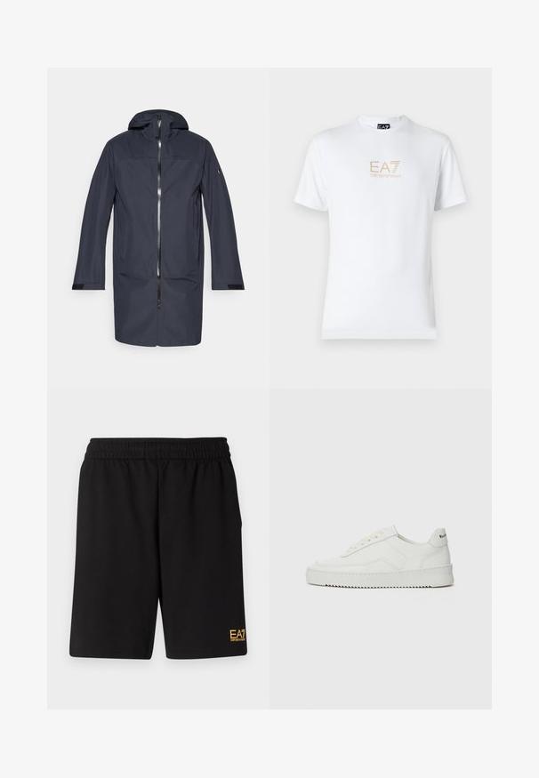 Mornarsko modra dolga vodoodporna jakna s kapuco, sprednjim zadrgo, stranskimi žepi in nastavljivimi zapestnimi trakovi.; Bela bombažna majica s krožnim izrezom in kratkimi rokavi, s pozlačenim logotipom EA7 Emporio Armani natisnjenim spredaj.; Črne športne kratke hlače iz mehkega blaga, z elastičnim pasom in majhnim rumenim logotipom EA7 na spodnjem levem delu noge.; Bela usnjena športna obutev z gladko površino, okroglo prst, ravne vezalke in teksturiran podplat. Ima diskretno logo na peti.