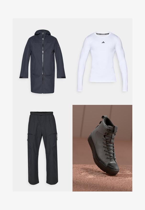 Tengerészkék hosszú vízálló kabát kapucnival, elülső cipzárral, oldalsó zsebekkel és állítható csuklóhevederekkel.; Fehér, hosszú ujjú sportruházat, rugalmas szövetből készült, kerek nyakkivágással és fekete Adidas logóval a mellkason.; Fekete cargo nadrág, rugalmas derékkal, két cipzáras zsebbel és könnyű, sima szövet textúrával.; Magas szárú sportcipő szürke bőrből, texturált felülettel, fekete gumi orrésszel és szürke fűzővel. A sarkán húzófül található.