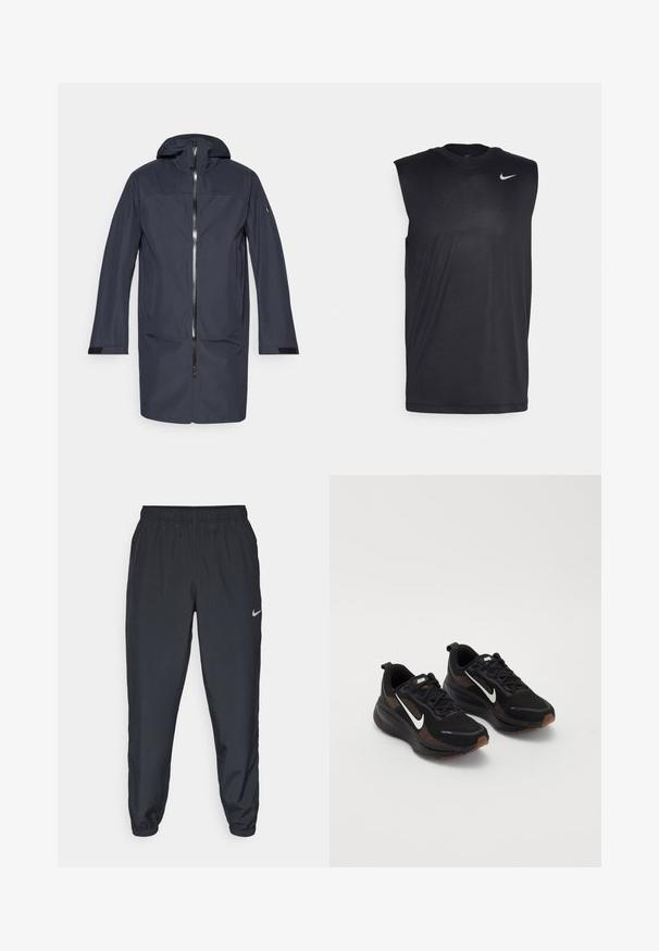 Casaco longo impermeável azul-marinho com capuz, fecho frontal, bolsos laterais e tiras ajustáveis nos pulsos.; Camiseta atlética preta sem mangas, feita de um tecido liso, com gola redonda e um pequeno logotipo da Nike na parte superior esquerda.; Calças de treino pretas feitas de um tecido leve, com um cós elástico, punhos nos tornozelos e um discreto logótipo da Nike no lado esquerdo.; Tênis atléticos pretos com parte superior em malha respirável, logo da Nike em branco, sola texturizada e detalhes contrastantes em marrom. Inclui calcanhar reforçado.