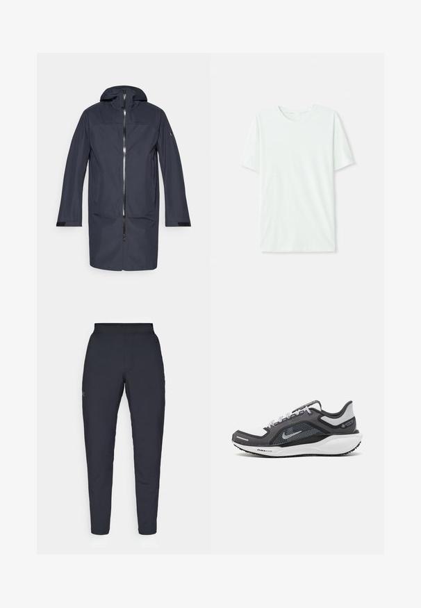 Námořnická modrá dlouhá nepromokavá bunda s kapucí, předním zipem, bočními kapsami a nastavitelnými manžetami.; Světle máková zelená krátkosrstá tričko vyrobené z měkké tkaniny. Má kulatý výstřih a jednoduchý, rovný střih bez ozdob.; Černé sportovní kalhoty s hladkou texturou, slim fit, elastickým pasem a bočními kapsami. Na levém stehně je umístěno malé logo.; Černá a šedá sportovní obuv s vrškem z prodyšné síťoviny, reflexními akcenty a bílou mezipodešví. Obsahuje texturovanou gumovou podrážku a tkaničky.