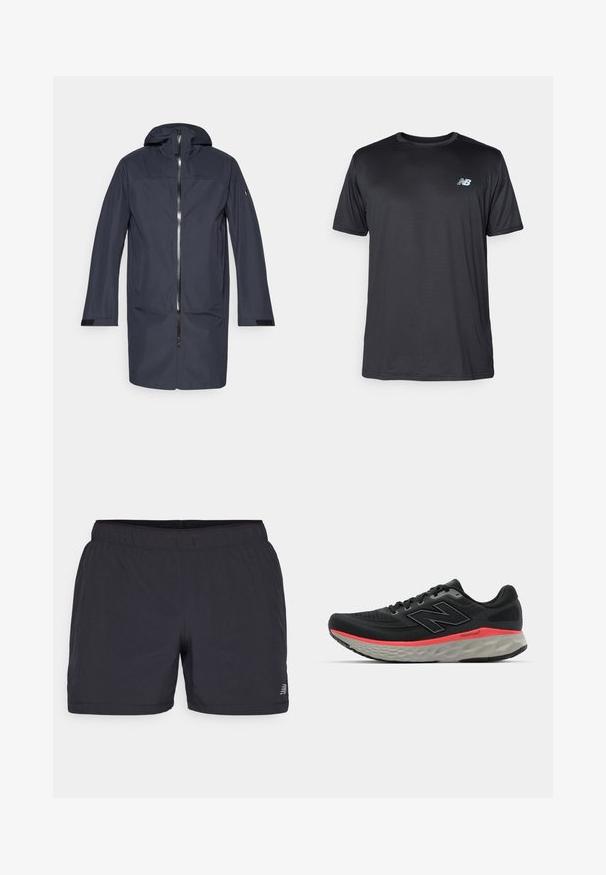 Tamsiai mėlynas ilgas vandeniui atsparus švarkas su kapišonu, priekiniais užtrauktukais, šoninėmis kišenėmis ir reguliuojamais riešo dirželiais.; New Balance Sportiniai marškinėliai trumpomis rankovėmis - black; Juodi sportiniai šortai su elastinga juosmens juosta, lengvas audinys ir diskretus logotipas apacioje kairėje pusėje. Lygi tekstūra.; Juoda bėgimo batelis su tinklelio viršumi, akcentuotas rožiniu vidiniu padų juosta ir pilku padu. Yra tekstūruoti detalės ir lankstus pado dizainas.