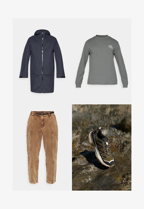 Námořnická modrá dlouhá nepromokavá bunda s kapucí, předním zipem, bočními kapsami a nastavitelnými manžetami.; Šedá košile s dlouhým rukávem, vybavená kulatým výstřihem a bílým grafickým logem na levé straně hrudi. Hladká textura a jednoduchý design.; Hnědé kordurové kalhoty s texturovaným povrchem, se černým nastavitelným páskem, bočními kapsami a volným střihem. Kalhoty se směrem k kotníkům zužují.; Trekové boty v olivově zelené a černé barvě s růžovými detaily. Mají texturovaný svršek, flexibilní podrážku, vyztuženou špičku a barevný systém šněrování.
