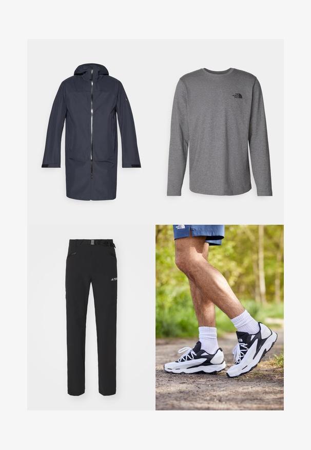 Marineblauwe lange waterdichte jas met capuchon, voorrits, zijzakken en verstelbare polsbanden.; The North Face M L/S SIMPLE DOME TEE - Longsleeve - medium grey heather; Zwarte outdoorbroeken van gladde stof, met zijzakken met rits, verstevigde knieën en een verstelbare tailleband met een gesp.; Zwart-witte sportschoenen met een mesh bovenkant, tekstuuraccenten en witte veters. Draag gedragen met witte enkelsokken en marineblauwe shorts op een pad.