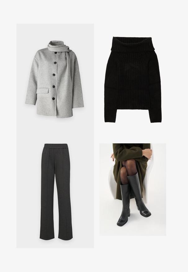 Sivý vlnený kabát s vysokým golierom, predným zapínaním na gombíky a jednou bočnou vreckom; má jemnú textúru a minimalistický dizajn.; Čierny pletený sveter s širokým stočeným výstrihom, rebrovanou textúrou a dlhými rukávmi s skrátenou siluetou.; Čierne nohavice s rovnými nohavicami a elastickým pásom, s prednými záhybmi, z mäkkej látky, bez viditeľných vzorov alebo kovových detailov.; Čierne kožené čižmy po kolená so štvrtým prstom a blokovým opätkom, zobrazené s modelom sediacim v olivovo zelenej bunde. Hladká textúra, minimálne detaily.
