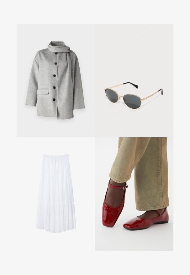 Grijze wolmixjas met een hoge kraag, sluiting met knopen aan de voorkant en een enkele zijzak; heeft een zachte textuur en een minimalistisch ontwerp.; Bruine top met lange mouwen en een ronde halslijn, voorzien van grote witte stippen en een gesmokt detail bij de taille voor een aangesloten look.; Witte, gelaagde maxi-rok van lichtgewicht stof. Voorzien van een elastische tailleband en een vloeiende ontwerp met een zachte, subtiele textuur.; Rode lakleren schoenen met een vierkante neus, lage hak en enkelbandje, gecombineerd met lichtgroene wijde jeans. Glad textuur, reflecterend oppervlak.; Ovale zonnebril met donkere lenzen, gouden metalen frame en gevlochten gouden zijkanten. Zwarte uiteinden op de armen versterken het ontwerp.; Bruine gevlochten leren tote bag met twee handvatten, een gestructureerde vorm en een getextureerd oppervlak, met een diamantpatroon overal.