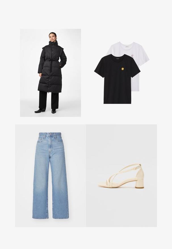 Mustaline puffer-haalari kõrge kraega, reguleeritava vöökohaga, pikad varrukad ja küljetaskud; tikanditekstuuriga põlvekohane disain.; Mustvalged ja valged T-särgid, ümar kaelus, lühikesed varrukad. Must särgile on tikitud kollane päike; valgel särgil on lillakate poolkuu aktsent.; Heledad sinine kõrge vöökohaga laiad teksad, ees nupp ja tõmblukk, ees ja taga taskud, valge tausta peal.; Bežid kontsagaid sandaalid plokknõlva, rihmadega disain ja reguleeritav pahklu strap, valmistatud siledast sünteetilisest materjalist matta viimistlusega.