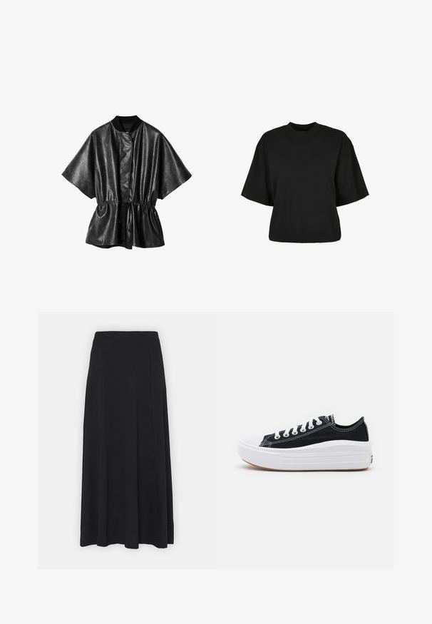 Desigual Poncho - brown; Zwart cropped t-shirt van katoen. Heeft korte mouwen en een ronde halslijn. Glad materiaal met een eenvoudig ontwerp, geen extra patronen.; Maxi rok in volledig zwart. Uitlopende ontwerp met een gladde textuur en elastische tailleband. Geen zichtbare patronen of accenten.; Zwarte canvas sneakers met witte veters, een witte rubberen teenkap en een chunky witte tussenzool. Bevat subtiele witte stiksels en een gumzool.