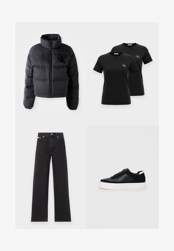 Casaco puffer preto, design cropped com gola alta, apresentando secções acolchoadas horizontais e um fecho na frente. Logótipo bordado no peito.; Duas t-shirts pretas de manga curta com decote redondo e pequenos logotipos cinzentos "CK Calvin Klein" no lado esquerdo do peito, apresentadas num fundo branco.; Jeans de perna larga pretos feitos de denim, apresentando uma cintura alta, estilo de cinco bolsos e um fecho em botão de metal com costura contrastante.; Sapatilha preta com painéis de pele lisa e camurça, atacadores planos, bico arredondado e sola de borracha branca. Logótipo distinto no calcanhar.
