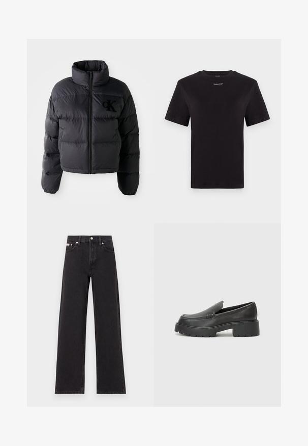 Black puffer jacket, cropped design with high collar, featuring horizontal quilted sections and a front zipper. Embroidered logo on chest.; Black cotton t-shirt with short sleeves, crew neck, and small white "Calvin Klein" logo at the chest. Smooth texture, classic fit.; Black wide-leg jeans made of denim, featuring a high-rise waist, five-pocket styling, and a metal button closure with contrasting stitching.; Black leather loafers with a rounded toe, thick textured sole, and minimal stitching details. Sleek design with no visible laces or hardware.