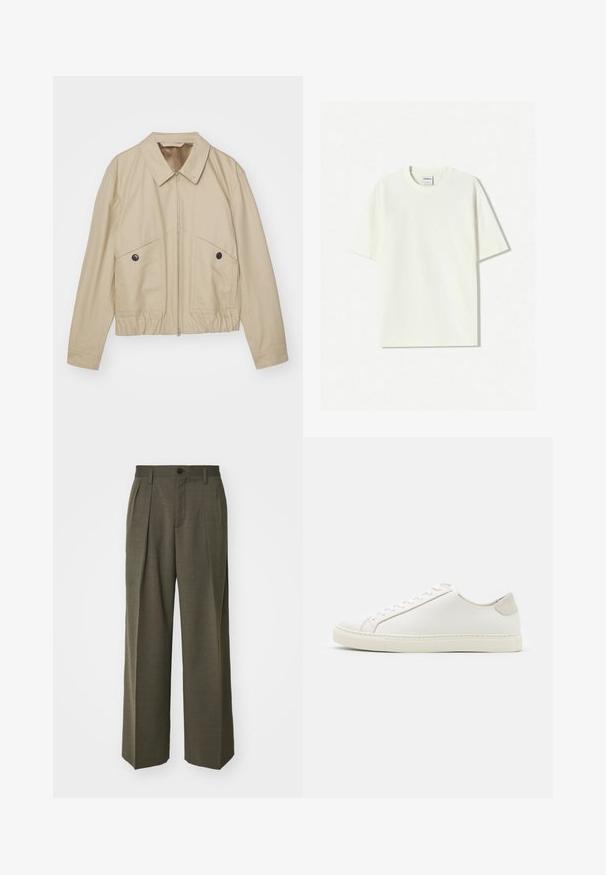Světle béžová lehká bunda s špičatým límcem, předním zipem, dvěma velkými kapsami a elastickým pasem. Hladká textura s minimalistickým designem.; Bílá oversized bavlněná tričko s kulatým výstřihem, krátkými rukávy a štítkem přišitým na výstřihu. Hladká textura, minimalistický design.; Filippa K WIDE TROUSERS - Kalhoty - driftwood; Bílé kožené tenisky s hladkým povrchem, kulatou špičkou a minimalistickým designem. Disponují béžovými akcenty na patě a gumovou podešví.