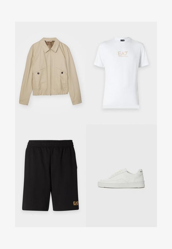 Beżowa, lekka kurtka z wydłużonym kołnierzem, z przodu na zamek, z dwiema dużymi kieszeniami oraz elastyczną talią. Gładka tekstura z minimalistycznym wzornictwem.; Biała bawełniana koszulka z okrągłym dekoltem i krótkimi rękawami, z nadrukowanym z przodu złotym logo EA7 Emporio Armani.; Czarne sportowe szorty wykonane z miękkiego materiału, z elastycznym paskiem w talii oraz małym, żółtym logo EA7 na dolnej lewej nodze.; Białe skórzane sneakersy o gładkim wykończeniu, okrągłym nosku, płaskich sznurówkach i teksturowanej podeszwie. Charakteryzują się delikatnym logo na pięcie.