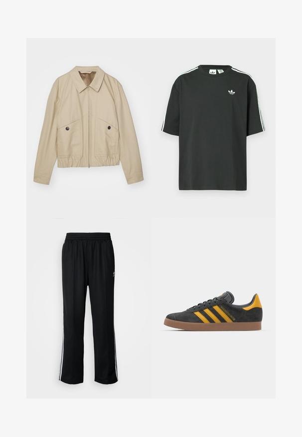 Beige színű, könnyű dzseki hegyes gallérral, elülső cipzárral, két nagy zsebbel és derékpánttal. Simább textúra minimalista dizájnnal.; Fekete pamutpóló rövid ujjakkal, kerek nyakkivágással és fehér háromcsíkos mintázattal a vállakon. A mellrészen kis fehér logó található.; Fekete sportnadrág rugalmas derékrésszel, fehér oldalsávokkal és egy kis logóval. Az anyaga lágy és könnyűnek tűnik.; Fekete velúrbőr sportcipő sárga díszítéssel, három csíkkal és barna gumitalppal. Párnázott nyelvével a kényelem érdekében.