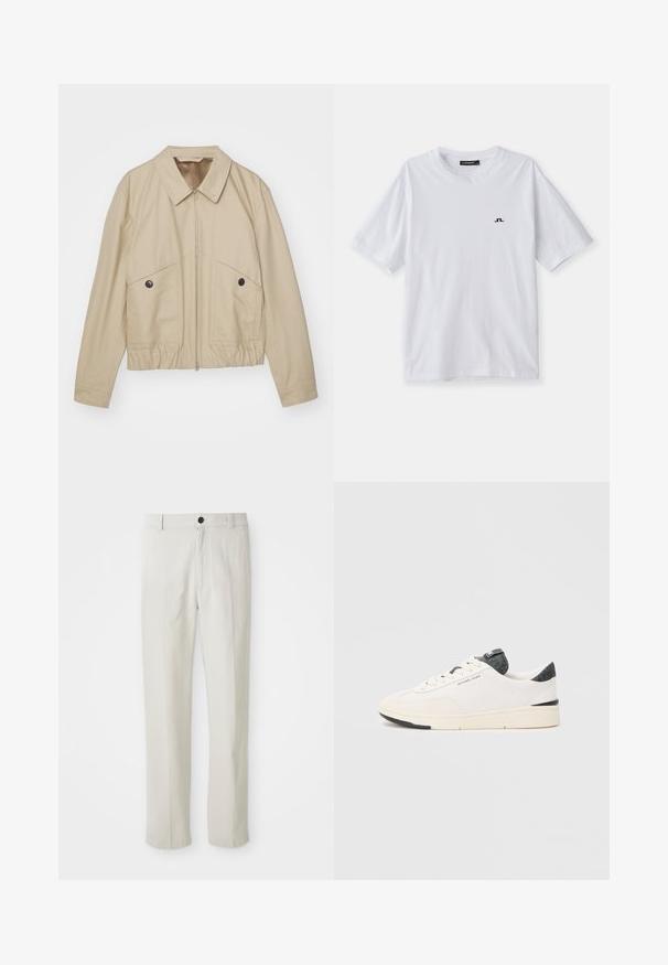 Beez värvi kerge jakk, millel on terav krae, ees zipp, kaks suurt taskut ja elastne vöökoht. Sile tekstuur ning minimalistlik disain.; Valge puuvillane t-särk ümara kaelusega ja lühikeste varrukatega, millel on rindkere kohal väike must logo. Sile tekstuur ja mugav lõige.; Beezid sirgedega püksid, millel on vöökohakinnitus, esine nupuga ja tõmblukk, näidatud lapikult valgel taustal.; Valged tossud, millel on perforatsiooniga võrgusilm külgedel, pehme seemisnaha varvas, tumedad tekstureeritud aktsendid kandmisel ja keeles ning kummist tallad.