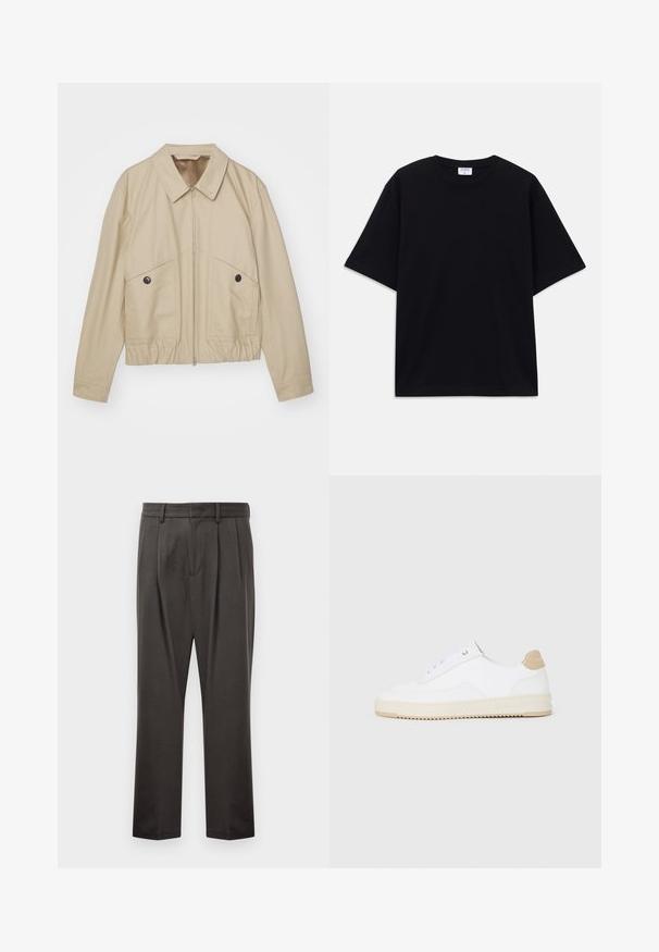 Beige letvægtsjakke med spids krave, frontlynlås, to store lommer og elastisk talje. Glat tekstur med et minimalistisk design.; Sort oversized T-shirt med korte ærmer og rund halsudskæring, med synlig Filippa K mærke indeni kraven.; Mørkegrå bukser lavet af struktureret stof, med flad front, plisseringer, lige ben og bæltestropper. Ingen synlig hardware eller mønstre.; Hvide lavt-op sneakers med en tekstureret læderoverdel, cremefarvet ribbet sål og en tan hælaccent. Har hvide snørebånd og logo-detalje på hælen.