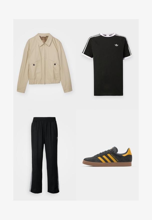 Beige színű, könnyű dzseki hegyes gallérral, elülső cipzárral, két nagy zsebbel és derékpánttal. Simább textúra minimalista dizájnnal.; Fekete, pamutból készült póló, fehér díszítéssel. Rövid ujjú, raglan fazonú, a mellkasán kis logóval. Három fehér csík az vállakon.; Fekete sportnadrág rugalmas derékrésszel, fehér oldalsávokkal és egy kis logóval. Az anyaga lágy és könnyűnek tűnik.; Fekete velúrbőr sportcipő sárga díszítéssel, három csíkkal és barna gumitalppal. Párnázott nyelvével a kényelem érdekében.