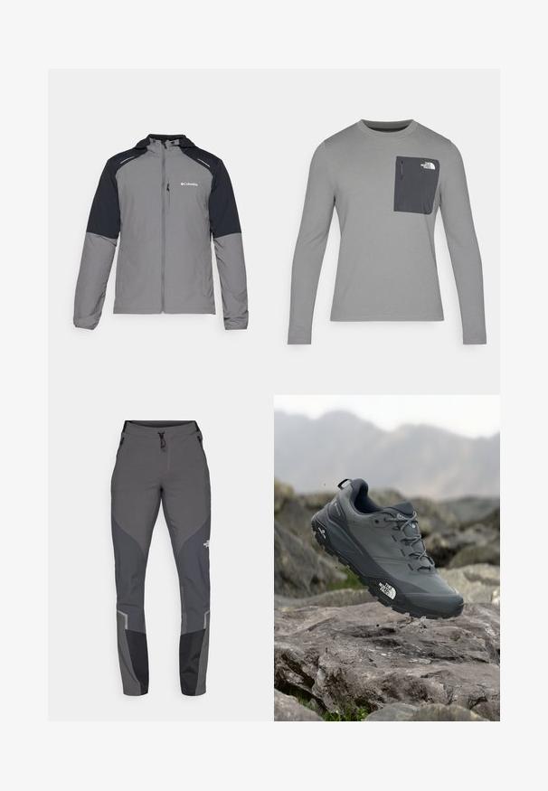 Gray jacket with black sleeves, zip front, hood, and Columbia logo. Features reflective accents and a lightweight, textured fabric.; Long-sleeve gray shirt with textured fabric, featuring a dark gray chest pocket and a zip closure. Logo on pocket in white.; Grey hiking pants featuring a tapered design, multiple pockets, and contrasting dark grey and black accents. Made from a flexible, durable material.; Grey trail running shoe with a textured upper, durable rubber sole, and reinforced toe cap. Features laces and brand logo on the side.