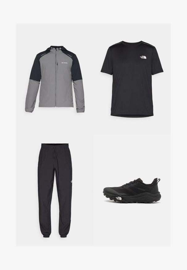 Veste grise avec des manches noires, fermeture éclair à l'avant, capuche et logo Columbia. Comprend des accents réfléchissants et un tissu léger ettexturé.; T-shirt noir à manches courtes en tissu léger. Présente un petit logo blanc sur la poitrine gauche et des accents subtils aux épaules.; Pantalon de sport noir en tissu léger, avec une taille à cordon, des poches latérales et des chevilles resserrées.; Chaussure de trail running noire avec une tige texturée, semelle en caoutchouc et bout renforcé. Présente un col rembourré et une tirette pour un enfilage facile.